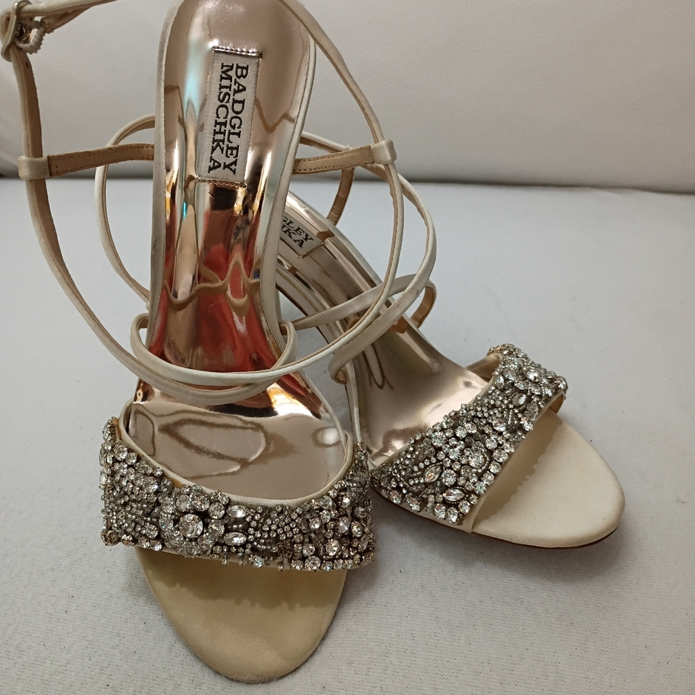 Badgley Mischka Rose Gold Jeweled Ankle-Strap Heels - Picture 3 of 10